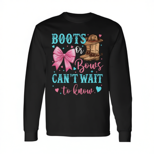 Boots Or Bows Can't Wait To Know Western Gender Reveal T-shirt à manches longues - Product Image 3