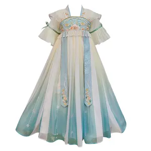 Yeni moda çin kısa kollu tarzı boncuk nakış elbiseler kızlar için 6-14 yıl düğün giyim çocuk çocuk Hanfu
