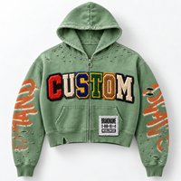 Sweat à capuche zippé personnalisé avec broderie appliquée, vert vintage, coupe courte, broderie florale en chenille colorée, strass, style streetwear