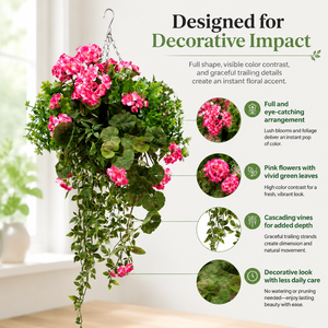 Cesta Colgante con <span class=keywords><strong>Geranios</strong></span> Artificiales Blancos, Arreglo Floral con Hojas Verdes Largas, Decoración Ecológica para Balcón, Jardín, Hotel - Product Image 2