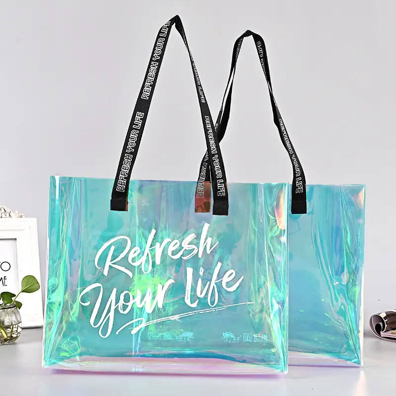 2022 Benutzer definiertes Logo Holo graphische Strand tasche Wasserdichte laser klare Frauen PVC-Umhängetasche mit großer Kapazität und Griff