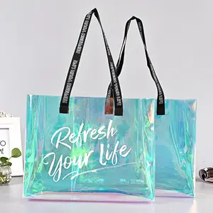2022 özel Logo holografik plaj çantası su geçirmez lazer net kadın büyük kapasiteli PVC kol çantası saplı çanta