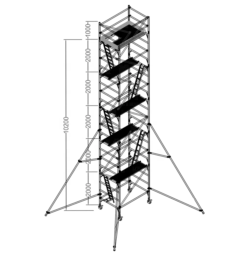 Impalcatura mobile in alluminio a torre in alluminio da 10 m con scala inclinata per alta manutenzione dell'edificio