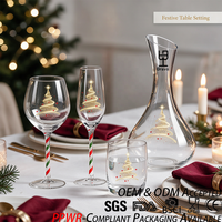 Ensemble de verrerie en verre PPWR pour Noël, motif Arbre Doré, comprenant 4 verres à vin, flûtes à champagne, verres à pied et carafe, avec motif Canne à sucre, idéal pour les fêtes et comme cadeau.