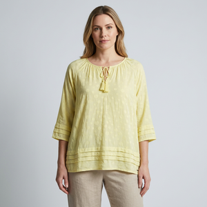 Camicetta da <span class=keywords><strong>donna</strong></span> <span class=keywords><strong>gialla</strong></span> testurizzata a pois con maniche a 3/4, collo con nappe e orlo plissettato, top casual - Product Image 1