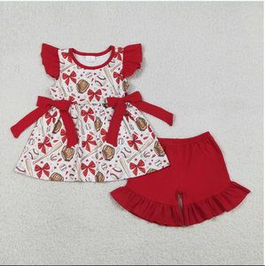 Boutique Girls GSSO3058 Ensemble de vêtements d'été pour filles, tunique à nœuds de baseball et short rouge - Product Image 1
