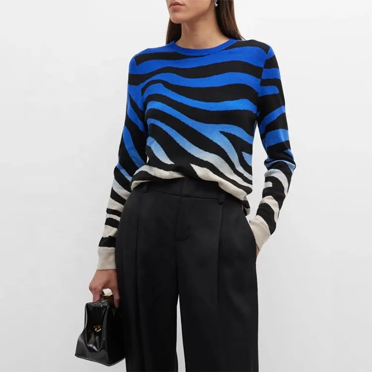 Factory Custom stripe autumn winter round neck long sleeve pullover wool sweater women stylish knit sweater