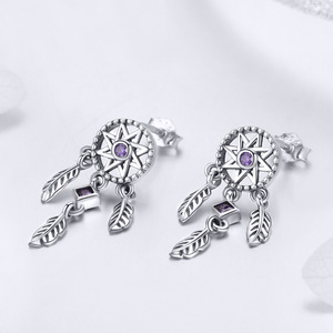 Pendientes de plata de ley 925 con atrapasueños para mujer, joyería de circonita cúbica púrpura, SCE502, para <span class=keywords><strong>BAMOER</strong></span> - Product Image 2
