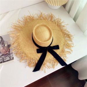 Raffia Straw <b>Hat</b> Large Brim Woven Sun <b>Hat</b> Summer <b>Flat</b> Top Flutter Tie Seaside Vacation Sun <b>Hat</b> - Product Image 4