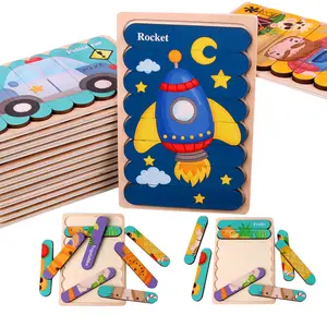 Desain Baru Teka-teki Batang Mainan Pendidikan Mainan Pembelajaran Montessori untuk Balita Set Teka-teki Jigsaw Kayu