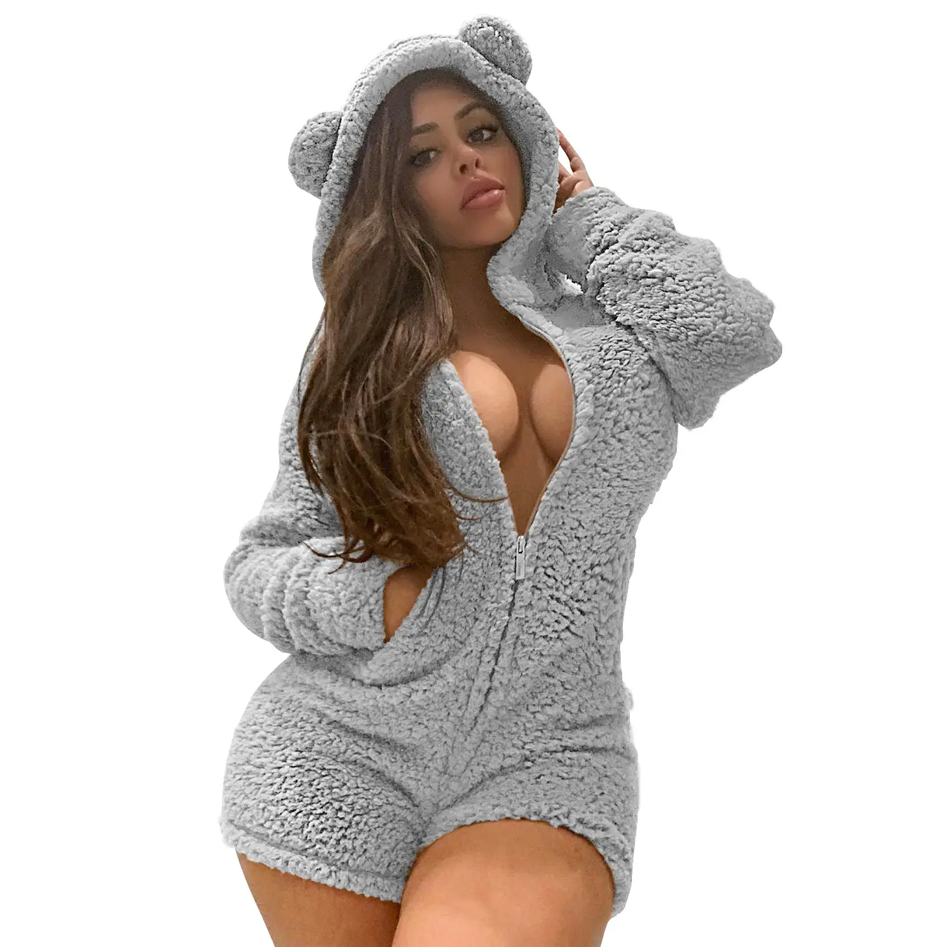 Winter sexy pajamas for women cute hoodies plush conjoined suit home sleepwear clothes with pocket