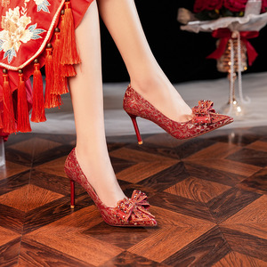 8777E-016 Pointed Toe Stiletto Heel Sequined Cloth Bridal Shoes <b>Red</b> With <b>Bow</b> Wedding Dress Pumps Super High 8cm Up - Product Image 3