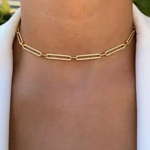 18K Yellow Gold Cubic Zircon Micro Pave Paperclip Link Necklace Women Men Punk Thick Rectangular Chain Choker Necklace