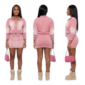 Women's <b>Pink</b> Gradient Zip Up Hoodie and Mini Skirt Two Piece Set Long Sleeve Stand Collar Tracksuit - Product Image 1