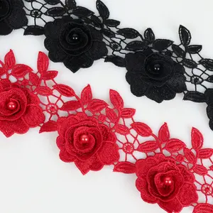 Fashional Polyester Beaded 3D Pearl Chemical Embroidery Flower Trim Water Soluble Beaded Trim Lace Fringe Flower Suppliers