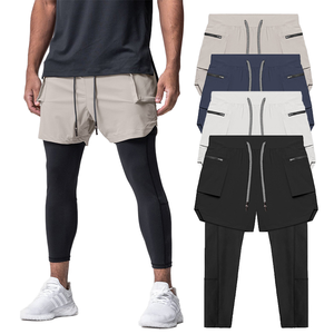 กางเกงขาสั้นออกกำลังกายเอวกลางแบบ2-in-1ของผู้ชายกางเกงออกกำลังกายแบบลำลองผ้าโพลีเอสเตอร์ระบายอากาศแห้งเร็วสำหรับวิ่งเพาะกาย - Product Image 1