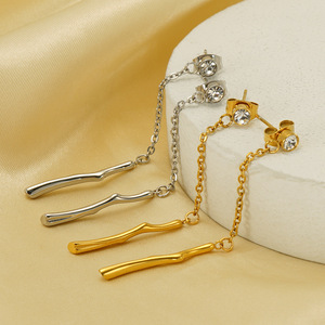 Zogxin Stainless Steel Tassel Drop Earrings 18K Gold <b>Silver</b> <b>Stud</b> Chain Bamboo Design For Women Party Jewelry - Product Image 4