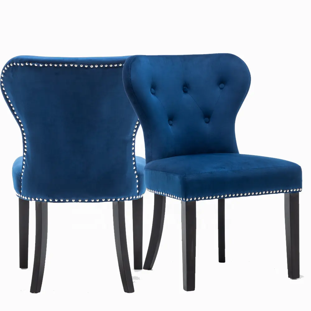 Velvet ocean Blue accent chair with black legs Tufted Side Chair Solid Wood Upholstered Dining Chair with Nailhead Trim