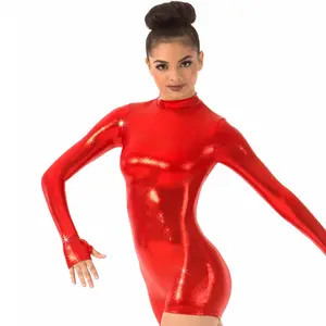 Celana Dalam Leher Tiruan Wanita, Biketard Merah Mengkilat Pendek Unitard Gadis Kerah Tutup Balet Leotards Kostum Panggung Metalik