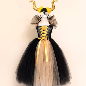 Disfraz de Maléfica para Niñas, Disfraz de Bruja, Disfraz de Reina Malvada, Disfraz de Halloween, Carnaval, Cosplay, Vestido de Tul con Volantes y Cuernos - Product Image 5