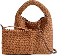 Sac Fourre-Tout Tressé Fait Main en Tissu Néoprène pour Femmes Style Vintage Décontracté Sac de Plage Deux Poignées Couleur Unie Ouvert Imperméable
