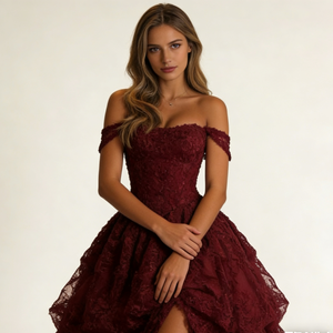 Robes de soirée élégantes pour femmes, en dentelle bordeaux, épaules <span class=keywords><strong>d</strong></span>énudées, jupe à volants à plusieurs niveaux, fente haute, maxi, pour gala, mariage - Product Image 1