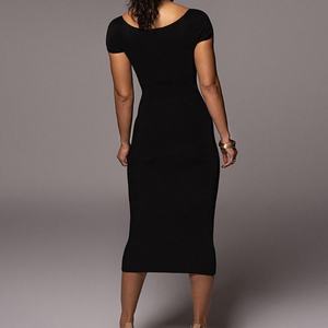 Vente en gros de robes midi pour femmes, de haute qualité, tendance, col en V, épaules dénudées, tricot côtelé - Product Image 6