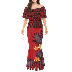 Abito Maxi a coda di pesce <span class=keywords><strong>giallo</strong></span> modello tribale polinesiano con spalle scoperte abito con volant abiti personalizzati abito aderente con Design floreale Tapa - Product Image 2