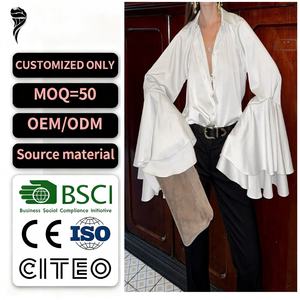 Nueva Blusa Casual de Mujer con Botones Delanteros, Tejido Transpirable, Rayas, Manga Larga con Volantes, Tela de Seda Satinada, Efecto Adelgazante, OEM - Product Image 1