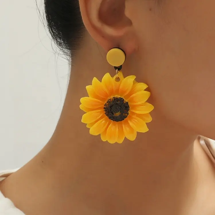 한국어 패션 노란색 해바라기 드롭 귀걸이 여름 사진
