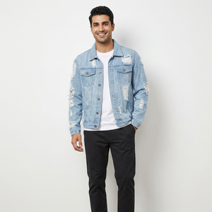 2023 Wholesale Custom Winter <b>Long</b> Denim <b>Jacket</b> for <b>Men's</b> Light Blue Print <b>Jacket</b> Ripped Denim <b>Jacket</b> for <b>Men's</b> - Product Image 1