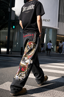 Jean baggy à jambe large pour homme, style Y2K streetwear, coupe droite, en denim noir, coupe-vent, broderie dragon doré, hip hop grunge