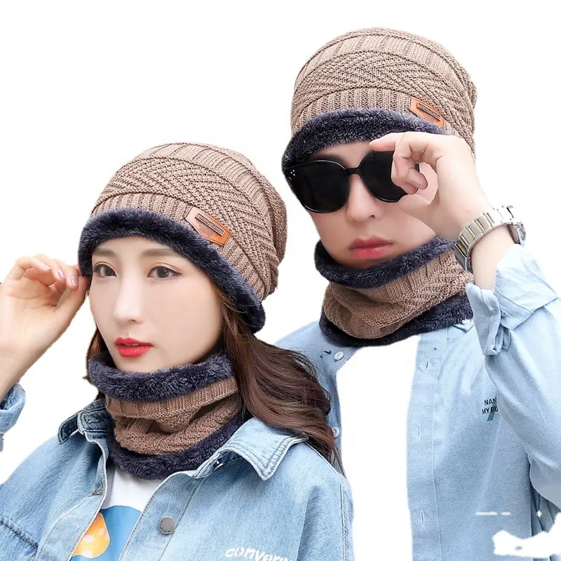 겨울 따뜻한 니트 모자 여성 니트 니트 모자 스카프 세트 두꺼운 양모 스키 모자 목 따뜻한 겨울 모자 세트