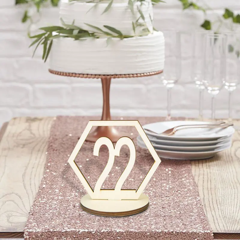 Wooden desktop number plate  hexagonal hollow number seat wooden plate  bar cafe wedding number plate