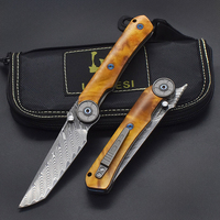 Couteau de chasse pliable EDC à roulement mécanique élégant, lame en acier Damas, forgé à la main, couteau de poche, étui en bois et cuir