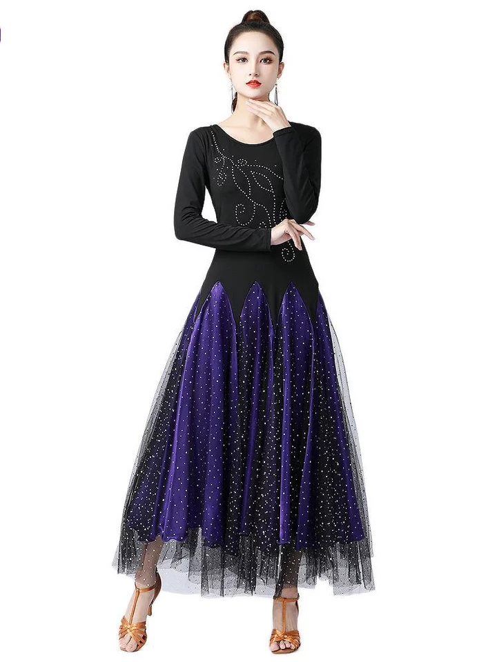 LiiYii Robe De Danse De Salon Femme – Manches Longues Strass Étincelants Valse Tango Moderne – Compétition & Spectacle (Noir/Or/Argent)