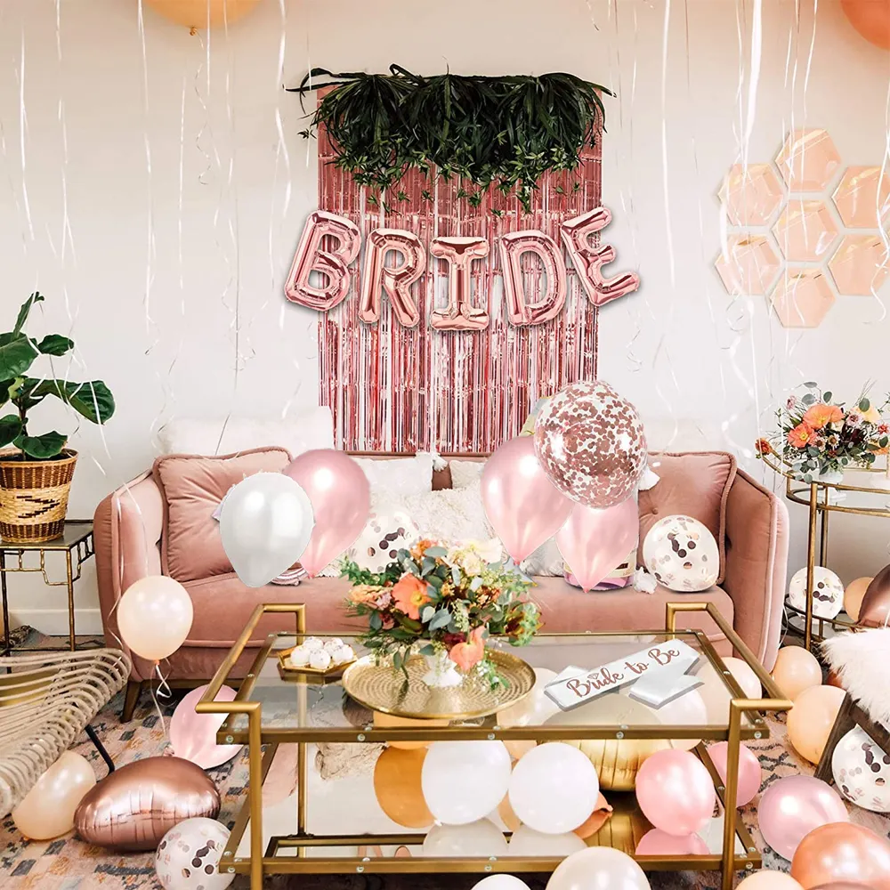 Decoración de fiesta de oro rosa, velo de banda para novia, globos de perlas rosas, cartel de globo de Mylar de novia, cortina de aluminio, decoraciones para fiesta nupcial