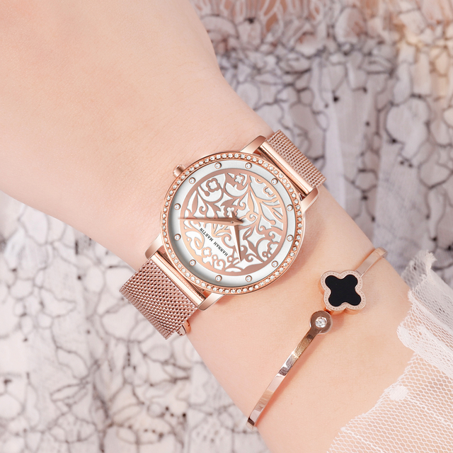 Hannah Martin Watch Factory New Design Elegant Diamond Japan Movement Quartz Women Wristwatch Custom Flower Engraved Dial Watch