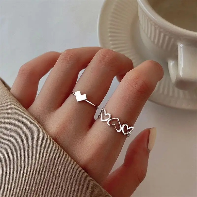 Valentines Day Gift Adjustable Silver Multi Heart Opening Ring Set Cute Hollow Love Heart Finger Ring Couple Ring Sets
