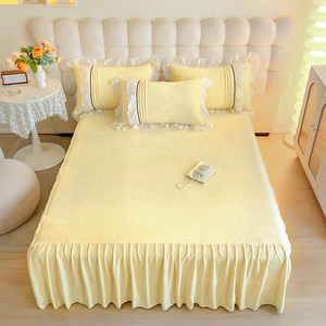 Korean Princess Style Winter <b>Bedding</b> Set Milk Fleece Duvet Cover Sheet Set Breathable Warmth Retention Solid Color - Product Image 5