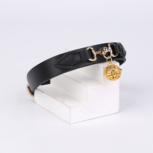 Fun Bell <b>Collar</b> Black Leather With Gold Chain And Bell For Adult <b>BDSM</b> Play - Product Image 3