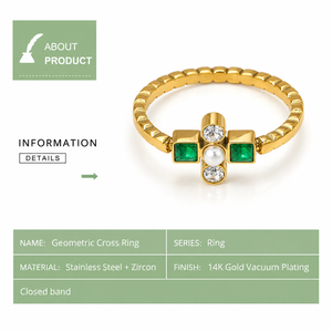 Gold Geometric Cross <b>Ring</b> <b>Stainless</b> <b>Steel</b> Zircon Jewelry with Green Square Stones and 14K Gold Vacuum Plating - Product Image 2
