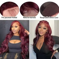 250 densité 360 pleine dentelle perruque cheveux humains 99j rouge couleur perruques vague de corps cordon Invisi sangle 13x6 Hd dentelle avant perruque