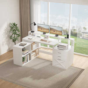 Bureau d'ordinateur en forme de L blanc moderne SENYU avec étagère et tiroirs pour poste de travail à domicile - Product Image 1