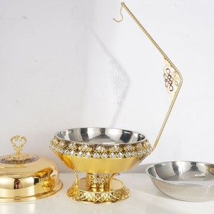Gold Plated Stainless Steel Buffet <b>Stove</b> 8L Round Chafing Dish With Diamond Encrusted Lid For Hotel Restaurant Use - Product Image 2