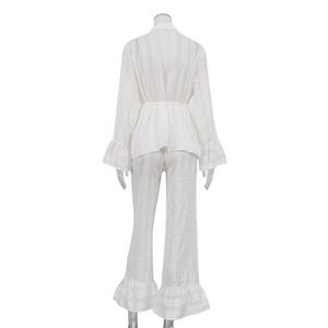 Camicetta da donna Casual con cintura <span class=keywords><strong>a</strong></span> balze in due pezzi e <span class=keywords><strong>pantaloni</strong></span> <span class=keywords><strong>Palazzo</strong></span> in cotone bianco per 2025 primaverile Dropshipping - Product Image 5