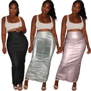 Kanal S-XXL zurück Schlitz Metallic PU Leder Hohe Taille Bodycon Maxirock Für Frauen Lang