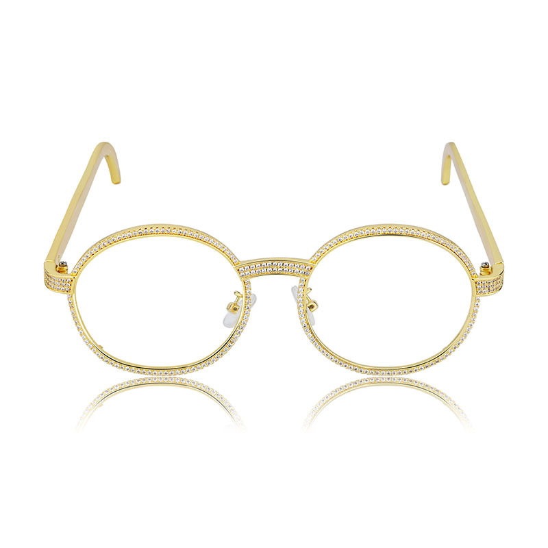 Hip hop glasses inlaid with gem metal frame wooden red leg glasses trendy fashion avant-garde personalized decorative glasses