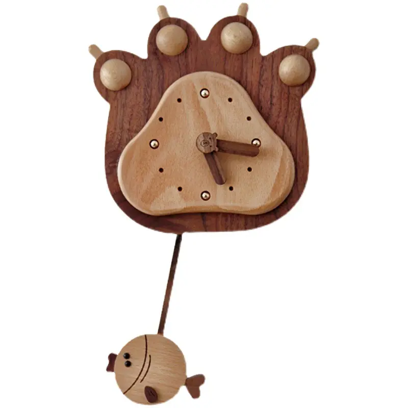 Relógio de pingente pata de urso, relógio de parede de madeira sólida de desenho animado, relógio criativo simples de luxo para sala de estar, moda de casa