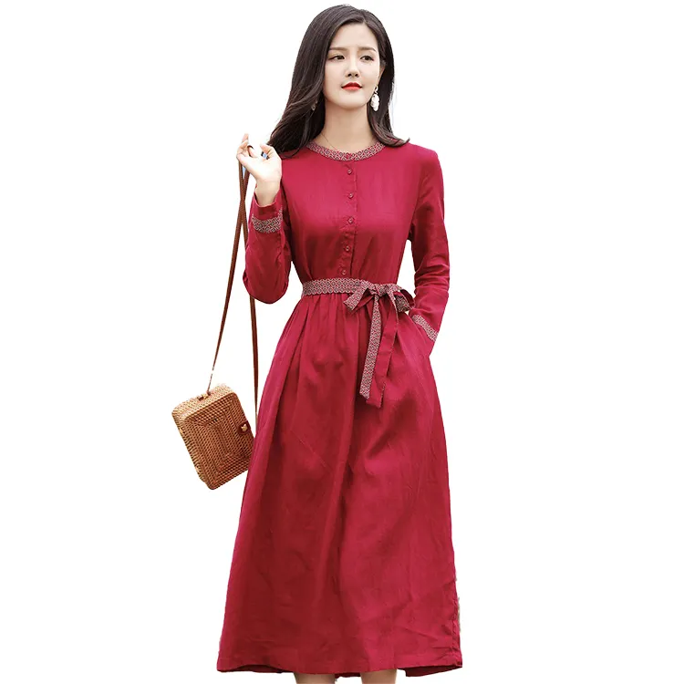 Red Linen Dress Women's Casual Slim High Waist Lace Cotton Linen A-line Dress